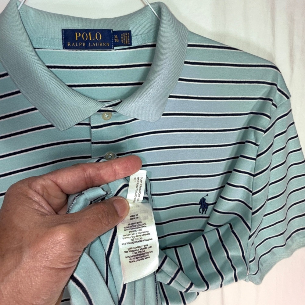 Polo Ralph Lauren Mens‎ Striped Short Sleeve Polo Shirt Aqua Navy XL - Picture 8 of 10